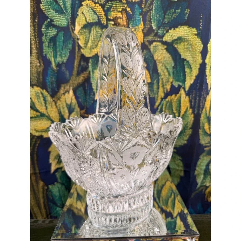 Vintage Cut Crystal Glass Basket Etched Floral Starburst Centerpiece 10.5 inch